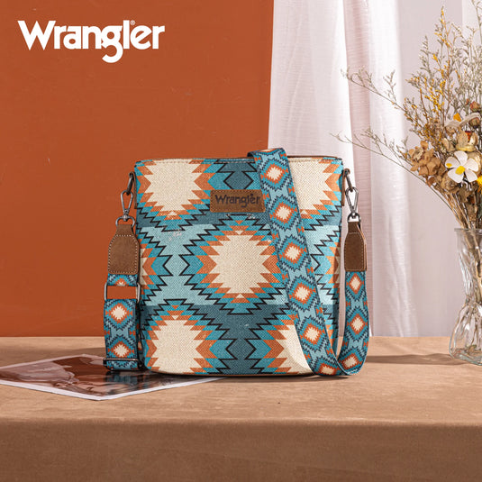 WG221-8360TQ - Wrangler Aztec Distressed Print Dual Sided Print Crossbody