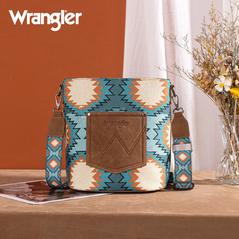 Load image into Gallery viewer, WG221-8360TQ - Wrangler Aztec Distressed Print Dual Sided Print Crossbody
