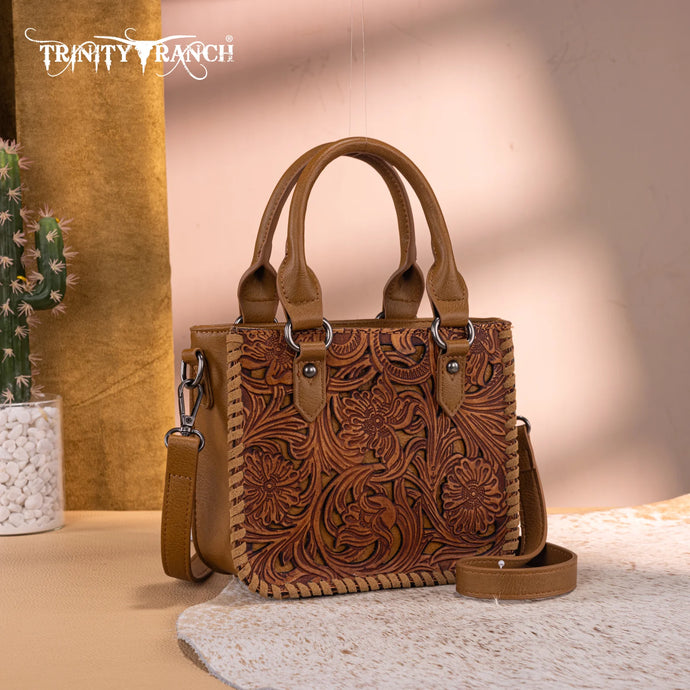 TR192-8800BR - Trinity Ranch Floral Tooled Collection Mini Tote/Crossbody - Brown