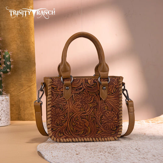 TR192-8800BR - Trinity Ranch Floral Tooled Collection Mini Tote/Crossbody - Brown