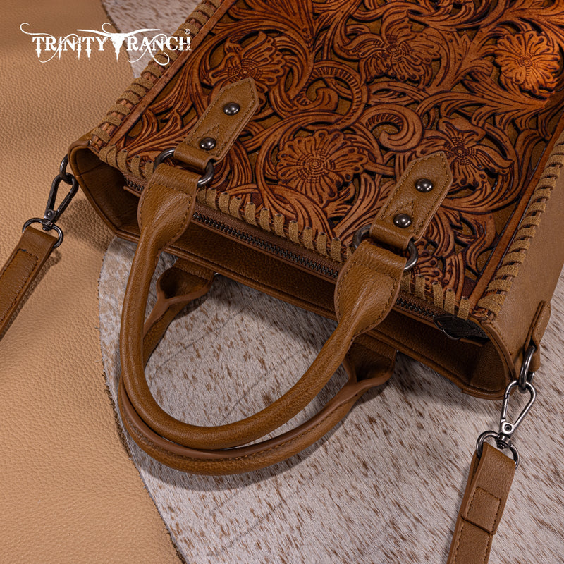 Load image into Gallery viewer, TR192-8368LBR - Trinity Ranch Floral Tooled Collection Tote/Crossbody - Light Brown
