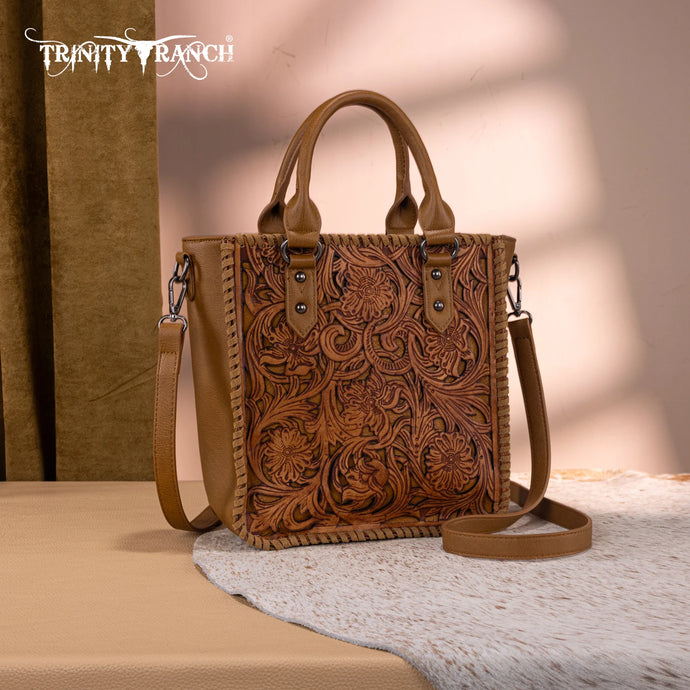 TR192-8368LBR - Trinity Ranch Floral Tooled Collection Tote/Crossbody - Light Brown