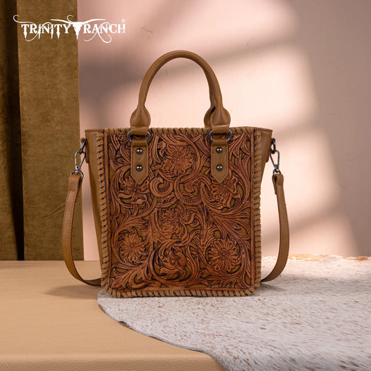 TR192-8368LBR - Trinity Ranch Floral Tooled Collection Tote/Crossbody - Light Brown