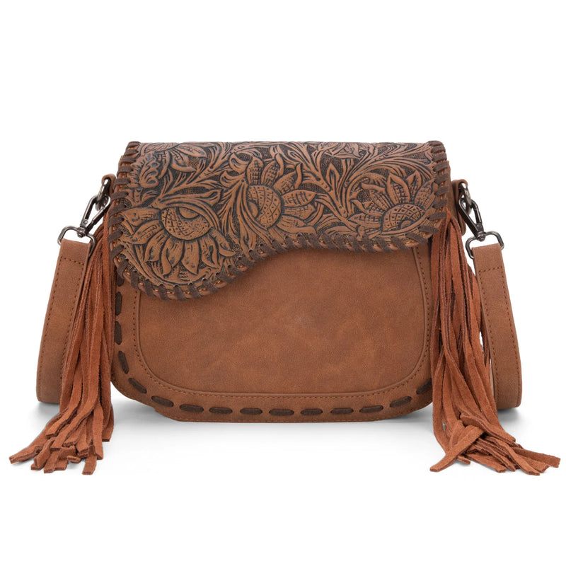 Load image into Gallery viewer, MW1274-8360BR - Montana West Tooled Saddle Fringe Crossbody - Brown
