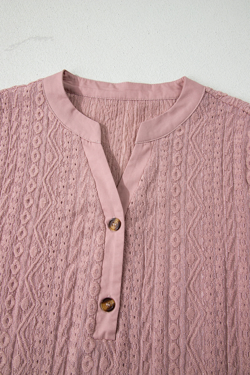 Load image into Gallery viewer, DLLS342 - Ladies Fushia Textured Embroidered Half Buttons Short Sleeve Blouse

