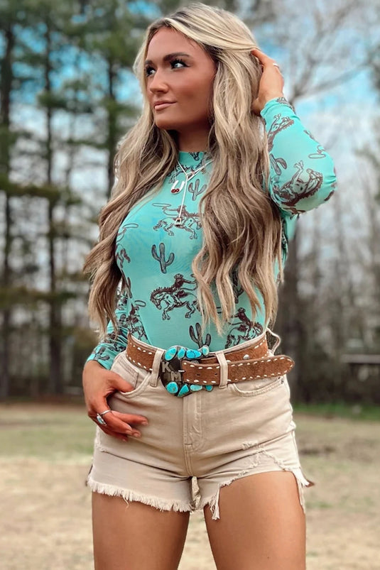 DLLS870 - Ladies Aruba Blue Western Print High Neck Long Sleeve Sheath Mesh Top