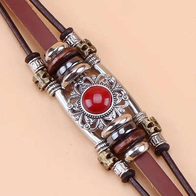 TMBC27 - Beaded PU Leather Bracelet w/Red Mosaic Stone
