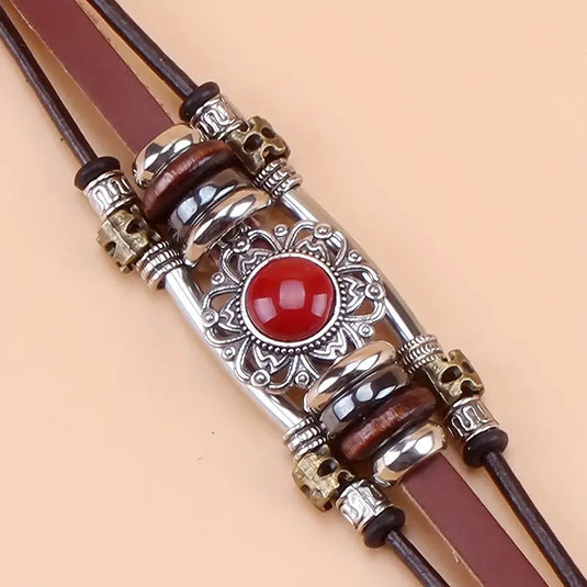 TMBC27 - Beaded PU Leather Bracelet w/Red Mosaic Stone