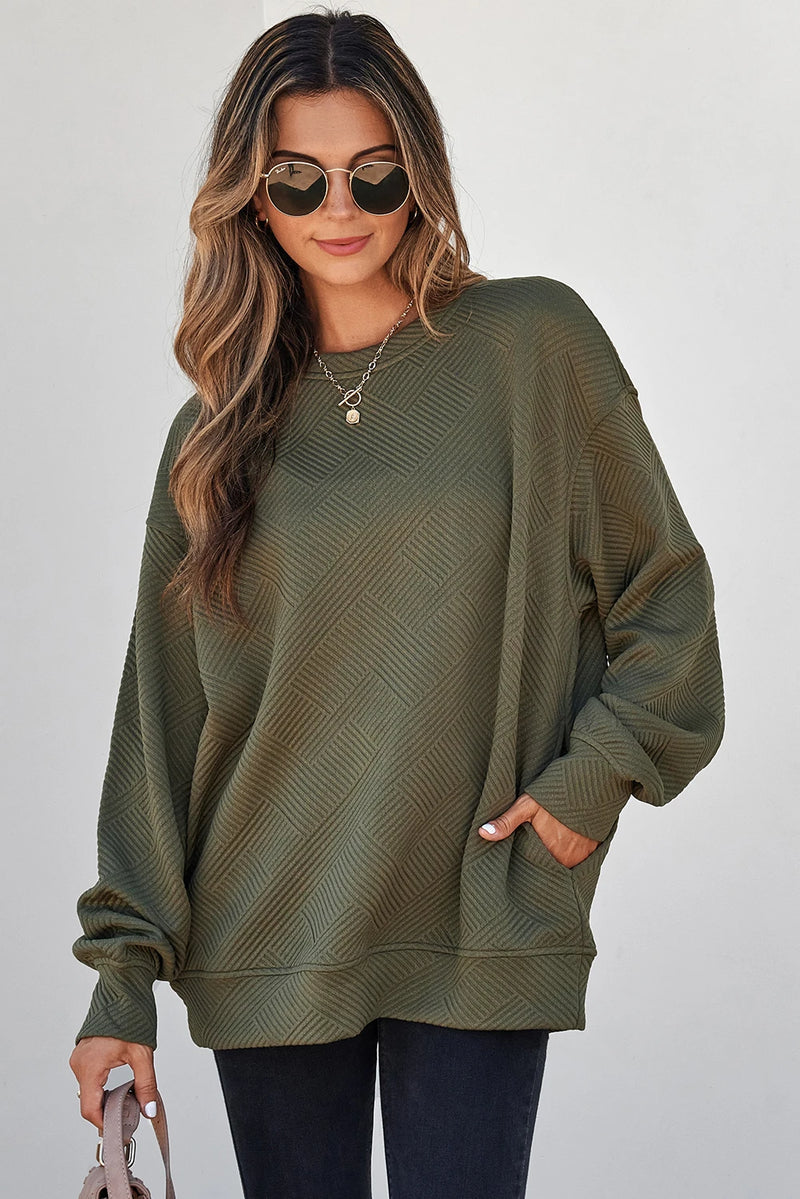 Load image into Gallery viewer, DLLS1133 - Ladies Green Textured Round Neck Drop Shoulder Pullover Sweatshirt

