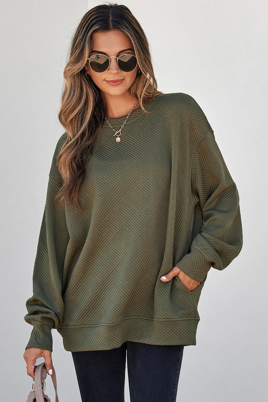 DLLS1133 - Ladies Green Textured Round Neck Drop Shoulder Pullover Sweatshirt