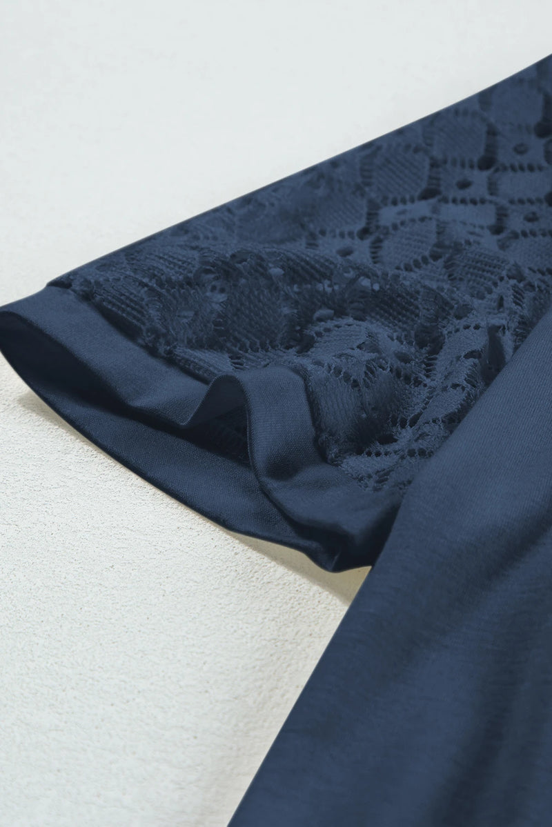 Load image into Gallery viewer, DLLS535 - Ladies Navy Blue Seamed Detail Contrast Lace Raglan Sleeve Tee
