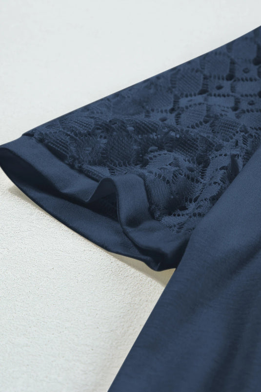 DLLS535 - Ladies Navy Blue Seamed Detail Contrast Lace Raglan Sleeve Tee