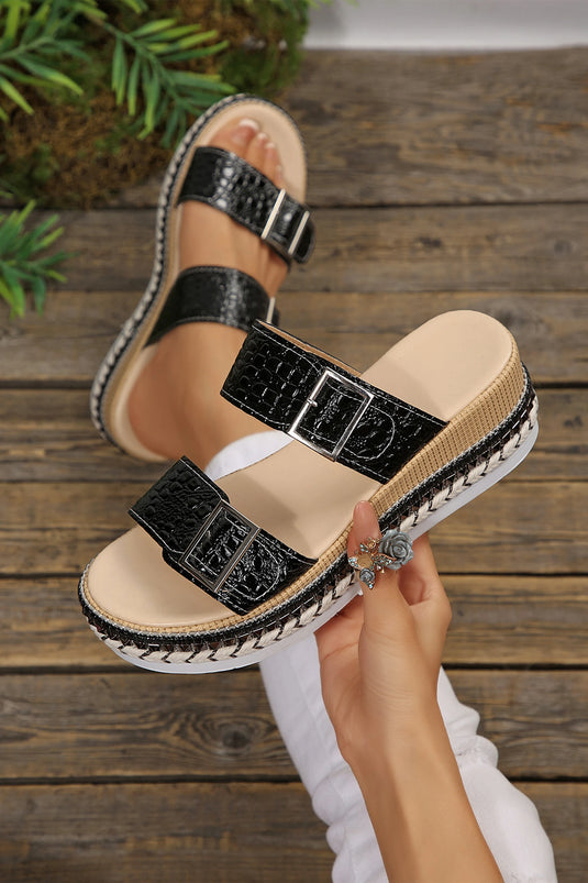 DLLSHOE 171 - Color Black Metallic Textured PU Leather Buckle Wedge Platform Slippers