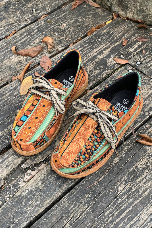 DLLSHOE 6 - Mustard Ethnic Artistic Print Lace-Up Detail Comfort Loafer Shoes