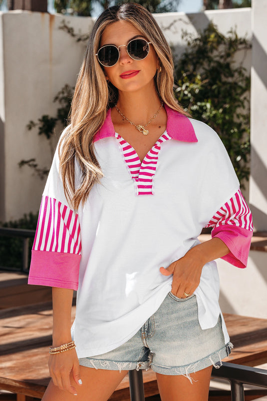 DLLS475 - Ladies White Striped Color Block Patchwork Half Sleeve T Shirt