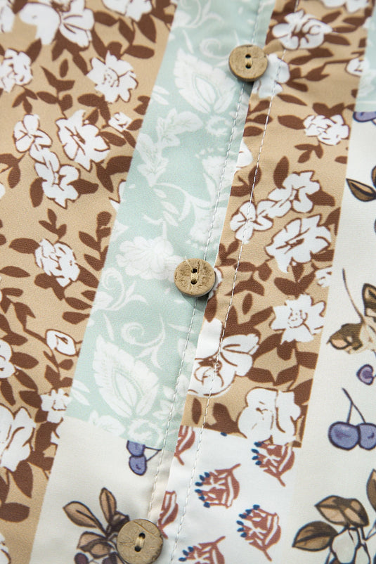 DLLS415 - Ladies Multicolor Floral Patchwork Print Long Puff Sleeve Shirt