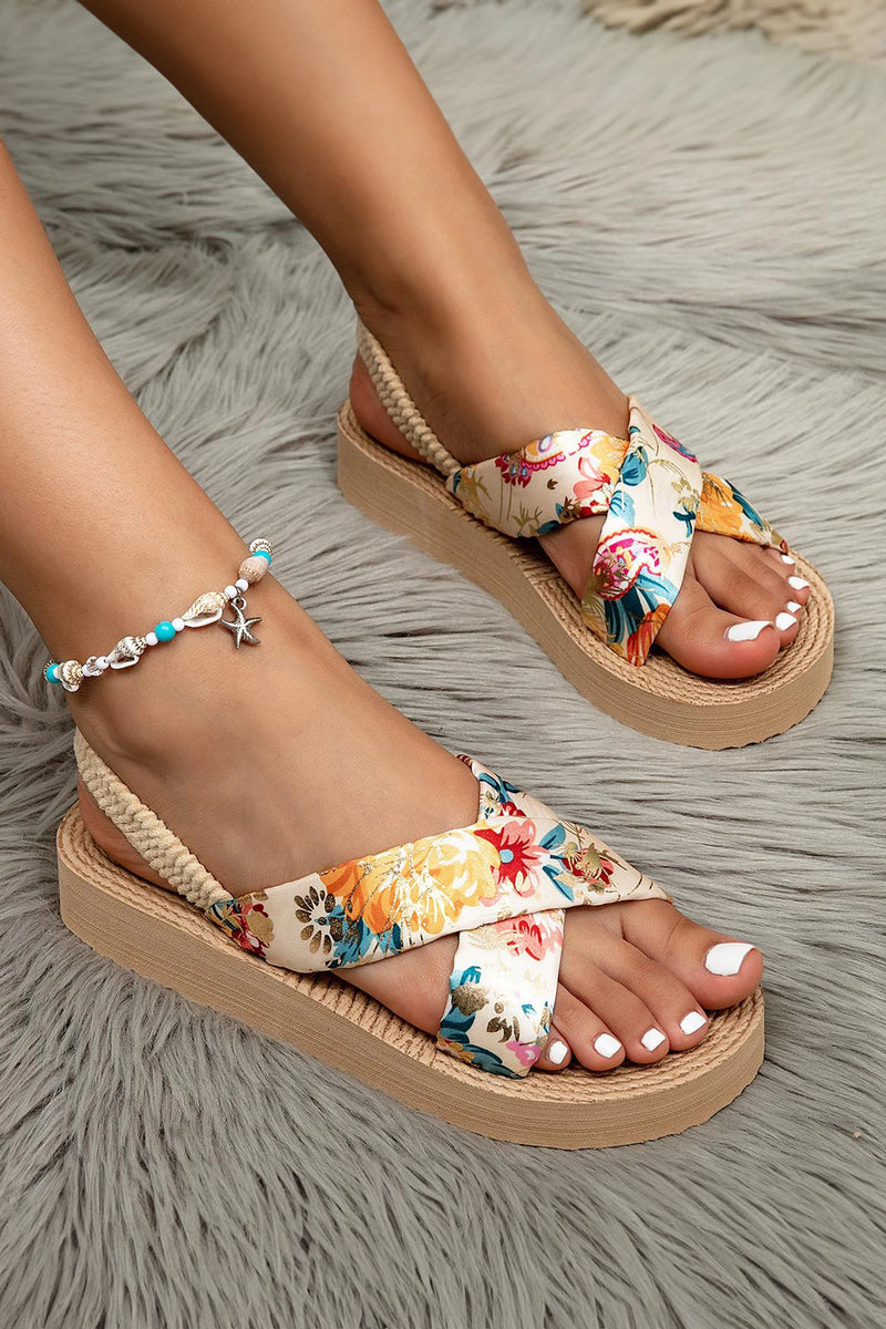 Load image into Gallery viewer, DLLSHOE 73 - Parchment Floral Crossed Band Straw Woven Platform Sandals
