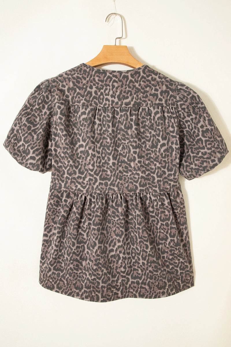 Load image into Gallery viewer, DLLS940 - Ladies Brown Leopard Tie Neck Short Puff Sleeve Denim Babydoll Top
