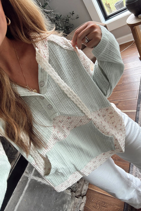 DLLS955 - Ladies Clearly Aqua Textured Floral Patchwork Button Hooded Long Sleeve Top