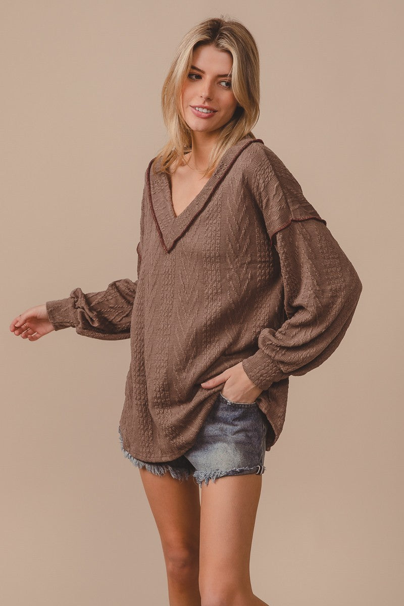 Load image into Gallery viewer, BIBI17- Ladies Corded Sweater With Out Stitching Detailed V Neck
