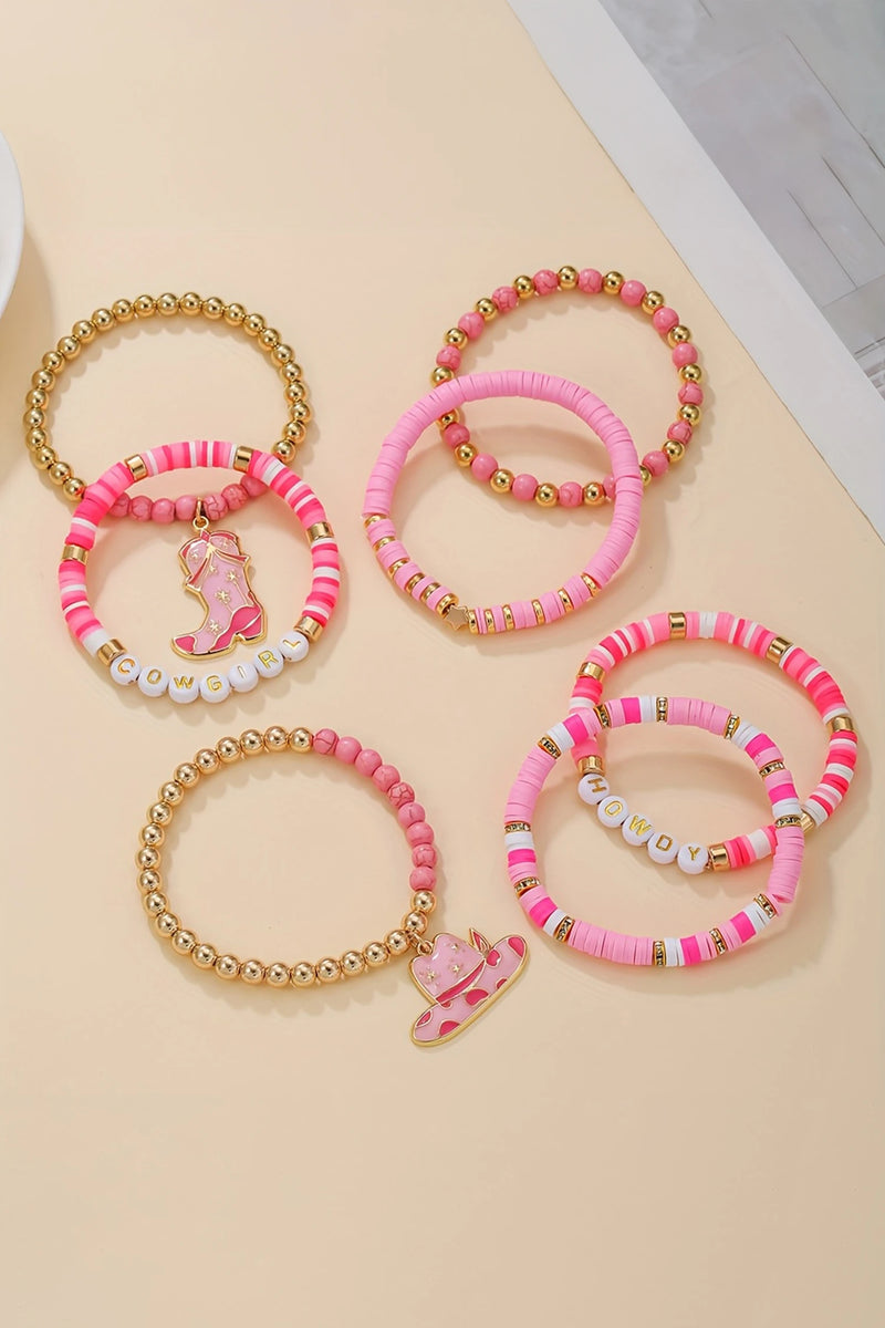 Load image into Gallery viewer, DLLBC 20 - Pink 7pcs HOWDY COWGIRL Hat Boot Beaded Stretch Bracelet Set
