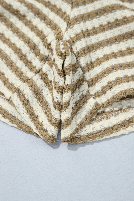 DLLS1147 - Ladies Brown Stripe Textured Knit Long Sleeve Top Elastic Waist Shorts Casual Outfit