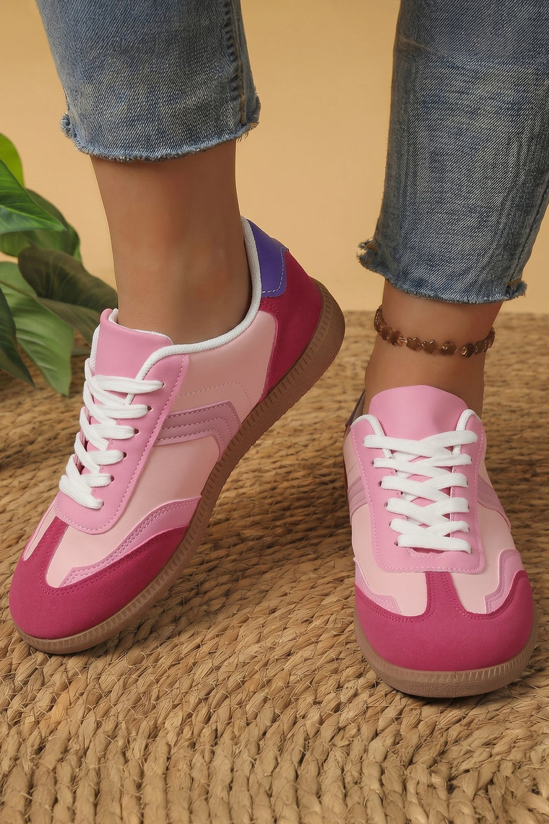 Load image into Gallery viewer, DLLSHOE 176 - Pink Color Block PU Leather Lace-Up Rubber Sole Flat Shoes
