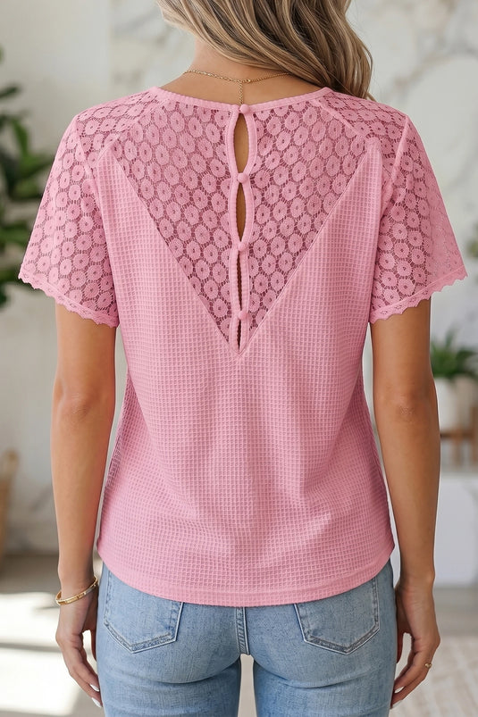 DLLS709 - Ladies Pink Lace Splicing Button Cutout V Neck Waffle Knit Blouse