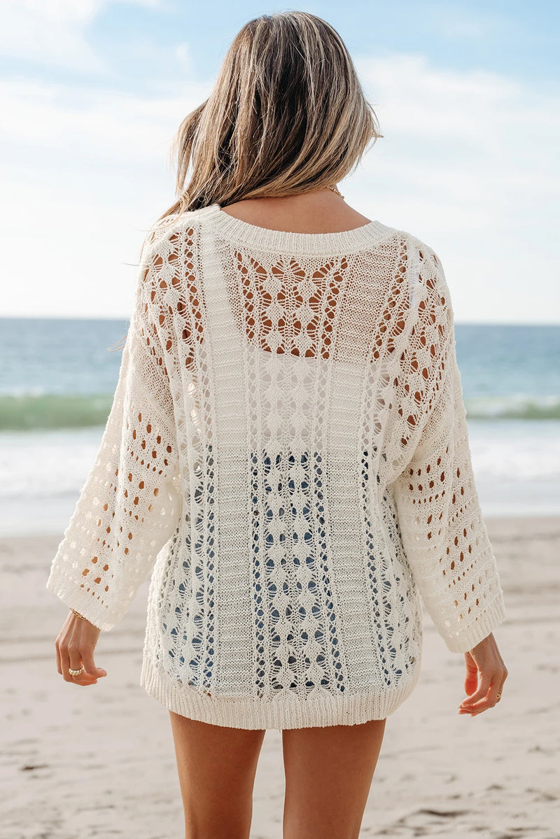 Load image into Gallery viewer, DLLS446 - Ladies White Hollow Out Knit Bracelet Sleeve Drop Shoulder Sweater
