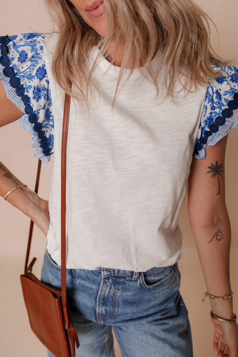 Load image into Gallery viewer, DLLS463 - Ladies Blue Ric-Rac Trim Printed Flutter Sleeve Contrast Patchwork Blouse
