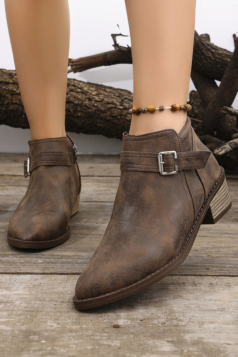 Load image into Gallery viewer, DLLSHOE 36 - Chicory Coffee Retro PU Leather Buckle Strap Zip Side Ankle Boots
