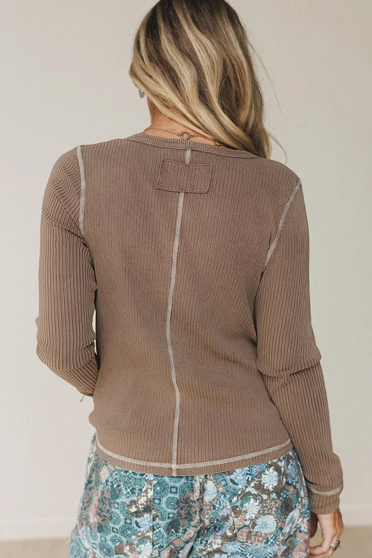 DLLS873 - Ladies Dark Khaki V Neck Ribbed Stitched Detail Long Sleeve Top