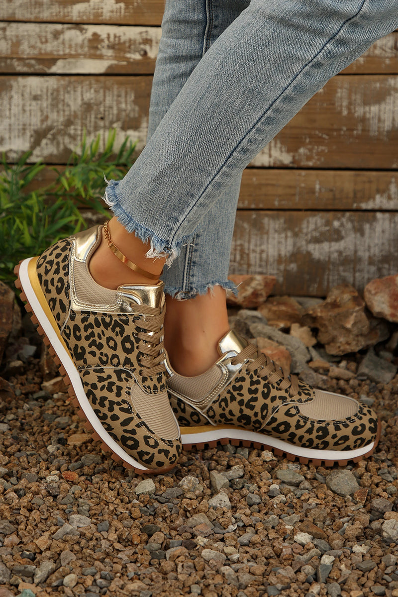 Load image into Gallery viewer, DLLSHOE 143 - Coffee Leopard Faux Suede Mixed Patchwork Lace Up Sneakers
