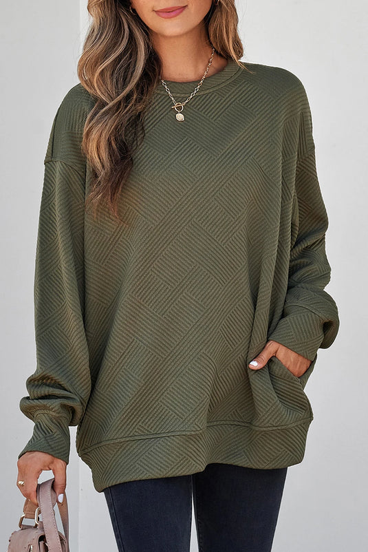DLLS1133 - Ladies Green Textured Round Neck Drop Shoulder Pullover Sweatshirt