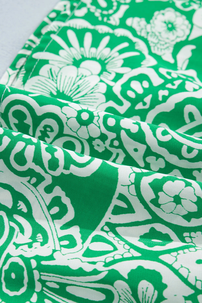 Load image into Gallery viewer, DLLS934 - Ladies Green Flirty Floral Smocked V Neck Blouse
