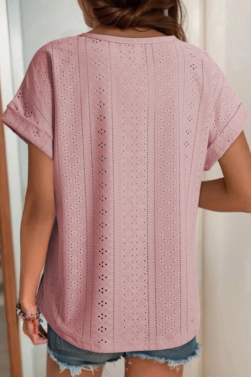 Load image into Gallery viewer, DLLS484 - Ladies Rose Tan Solid Color Eyelet Jacquard Cuffed Short Sleeve Top
