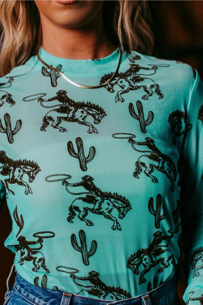Load image into Gallery viewer, DLLS870 - Ladies Aruba Blue Western Print High Neck Long Sleeve Sheath Mesh Top
