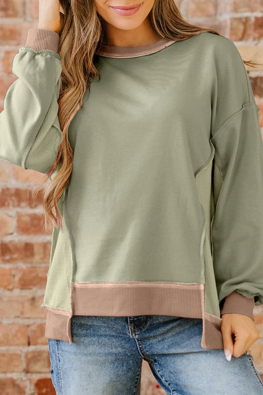 DLLS396 - Ladies Smoke Green Color Block Mix Texture Waffle Patchwork Oversize Sweatshirt