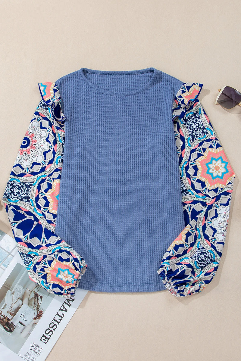 Load image into Gallery viewer, DLLS320 - Ladies Ashleigh Blue Ruffled Floral Sleeve Patchwork Waffle Knit O Neck Blouse
