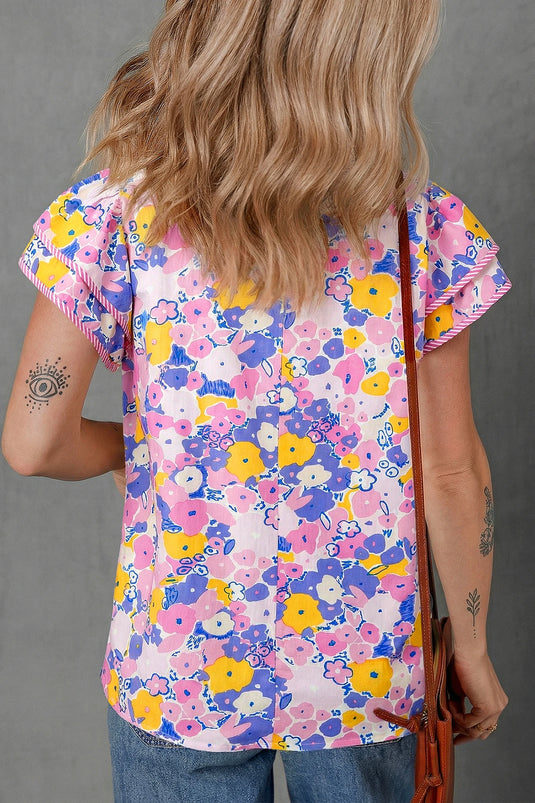 DLLS553 - Ladies Pink Floral Print Striped Color Block V Neck Flutter Sleeve Blouse