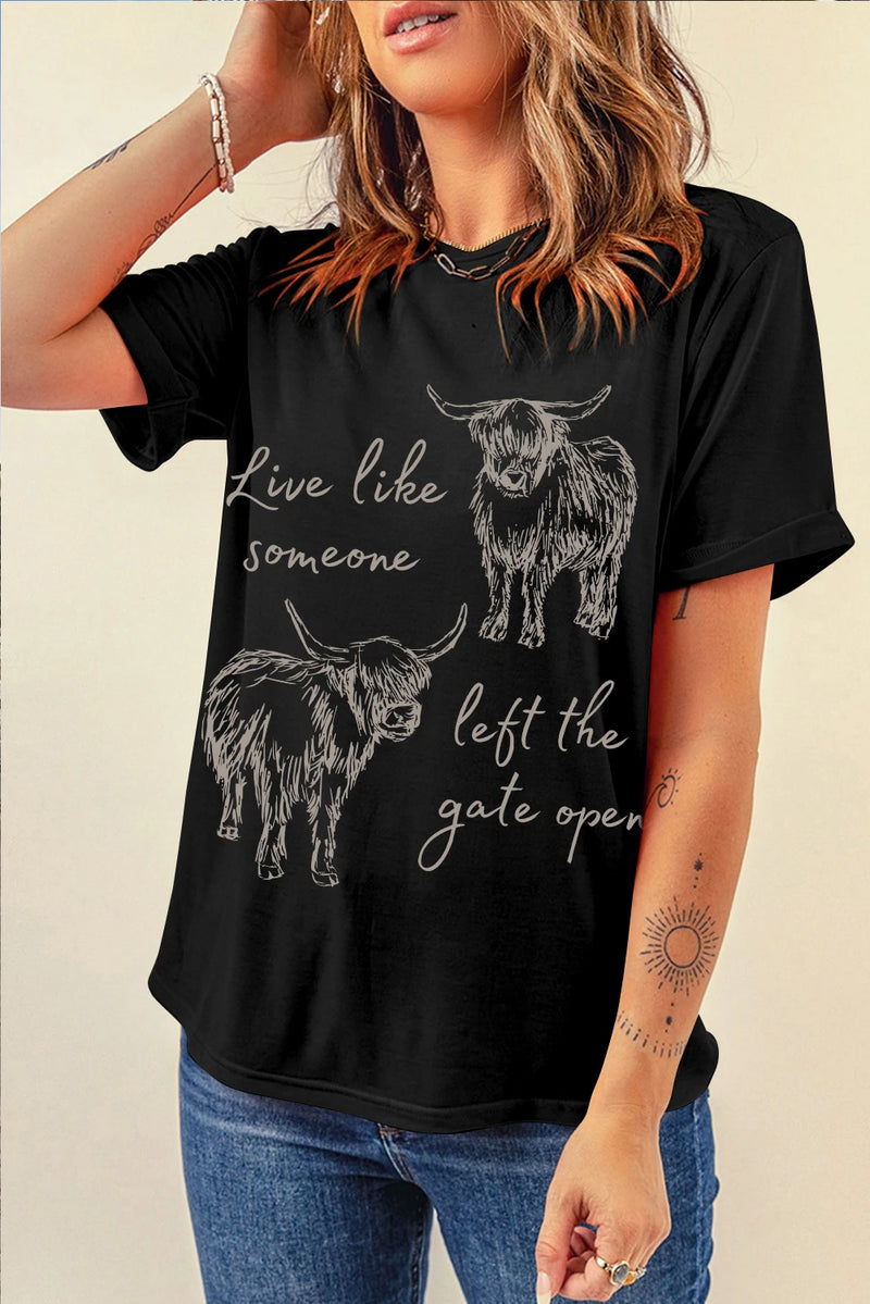 Load image into Gallery viewer, DLLS747 - Ladies Black Western Cow Print Round Neck Casual Tee

