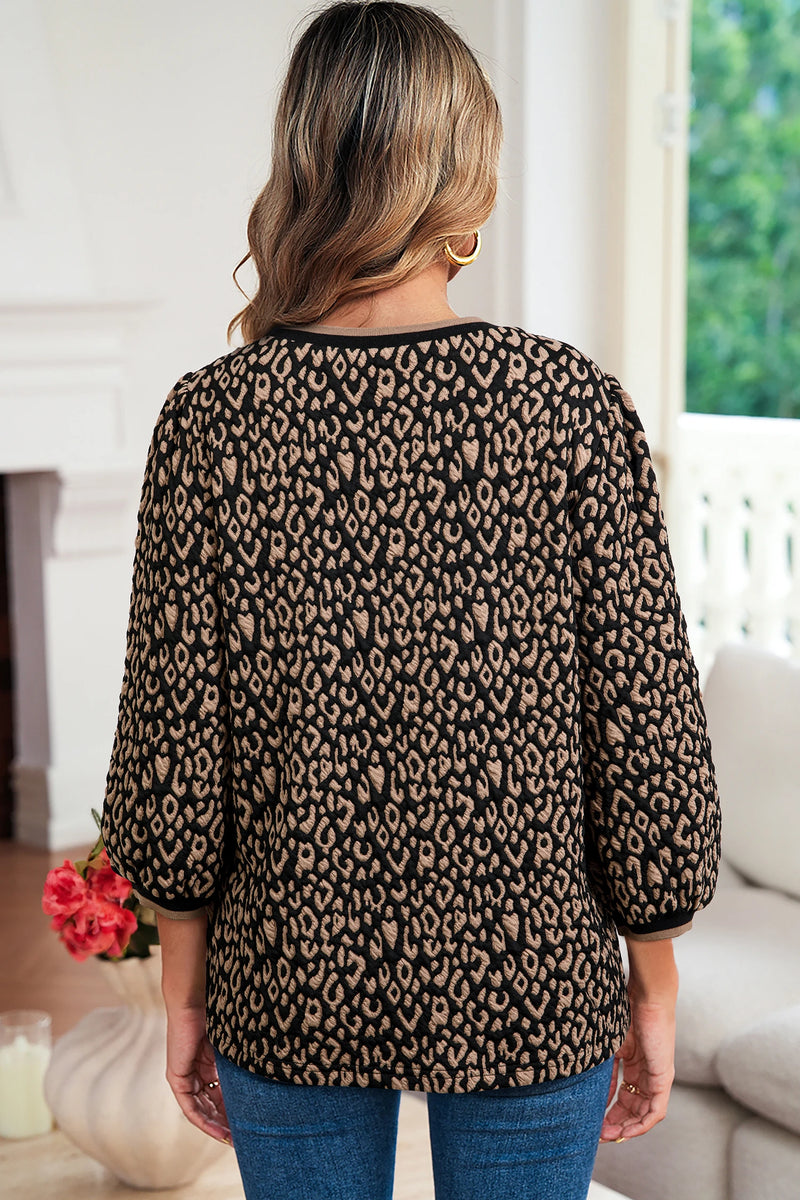 Load image into Gallery viewer, DLLS386- Ladies Black Leopard Print Puffy Bracelet Sleeve Contrast Trim Round Neck Top
