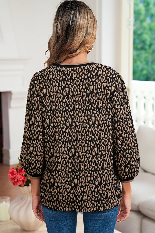 DLLS386- Ladies Black Leopard Print Puffy Bracelet Sleeve Contrast Trim Round Neck Top