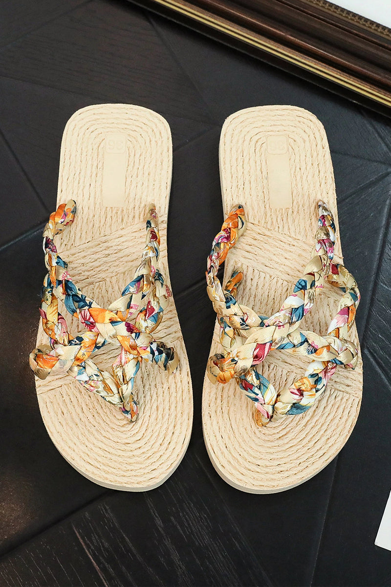 Load image into Gallery viewer, DLLSHOE 65  - Beige Boho Printed Woven Caged Flip Flops Summer Slippers
