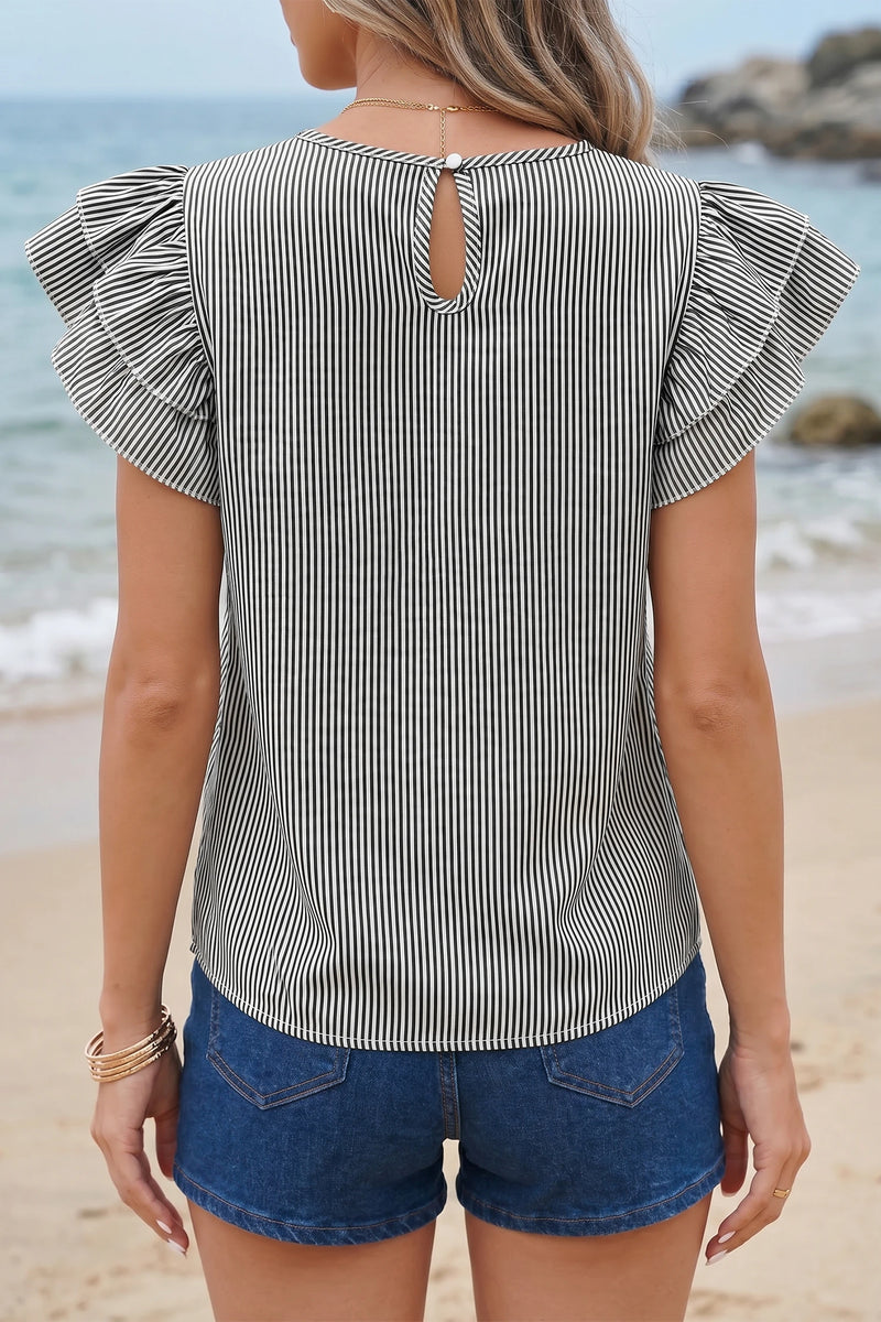 Load image into Gallery viewer, DLLS714 - Ladies Black Stripe Striped Ruffle Sleeve Short Sleeve Round Neck Casual Shift Blouse
