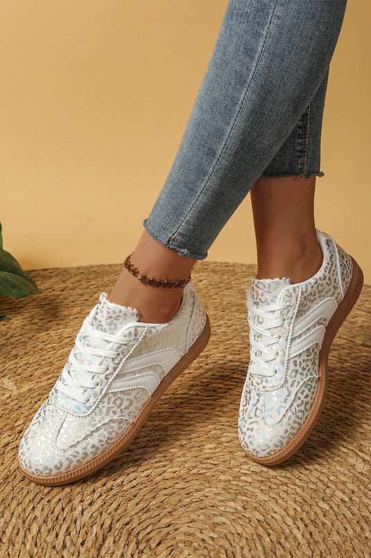 DLLSHOE 27 - White PU Leather Detail Shimmer Leopard Printed Lace-up Sneakers