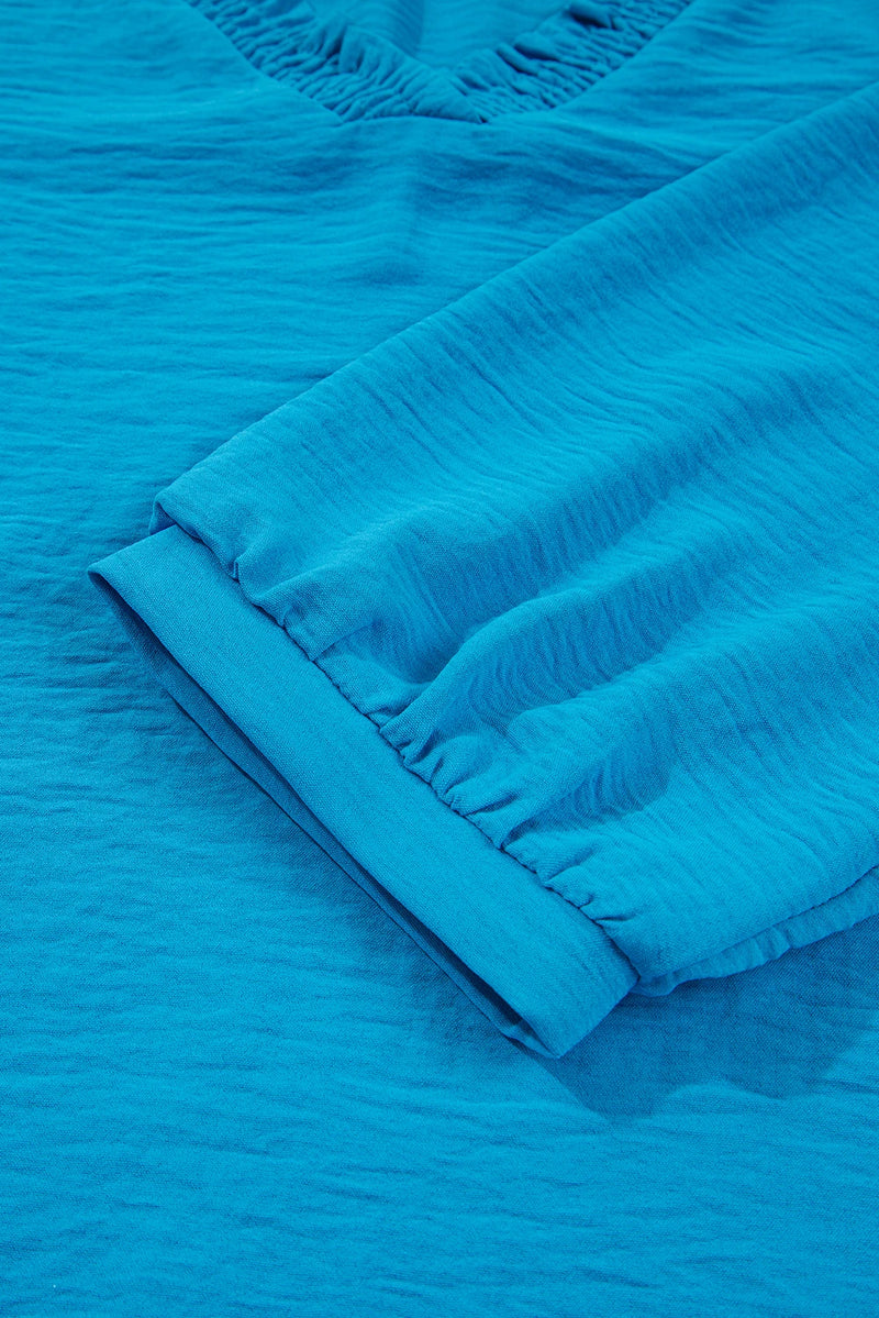 Load image into Gallery viewer, DLLS324 - Ladies Sky Blue Frilled V Neckline Bracelet Sleeve Crinkled Blouse
