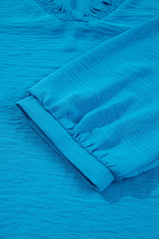 DLLS324 - Ladies Sky Blue Frilled V Neckline Bracelet Sleeve Crinkled Blouse