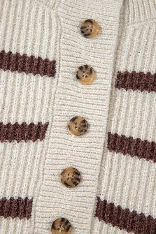 DLLS227 - Ladies Brown Stripe Ribbed Henley Drop Shoulder Slouchy Sweater