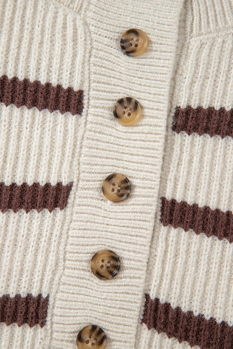 Load image into Gallery viewer, DLLS294 - Ladies Brown Stripe Ribbed Henley Drop Shoulder Slouchy Sweater
